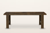 Mondavio patchwork oak dining table in Smokey Chestnut, front view from slightly above on a warm white studio backdrop