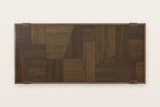 The Mondavio top seen from above in Smokey Chestnut: a patchwork of oak veneer pieces inside an oak frame with mitred corners