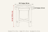 Mondavio side table dimensions on a pencil sketch: 19.7 in across, 19.7 in high, a 2.2 in top edge