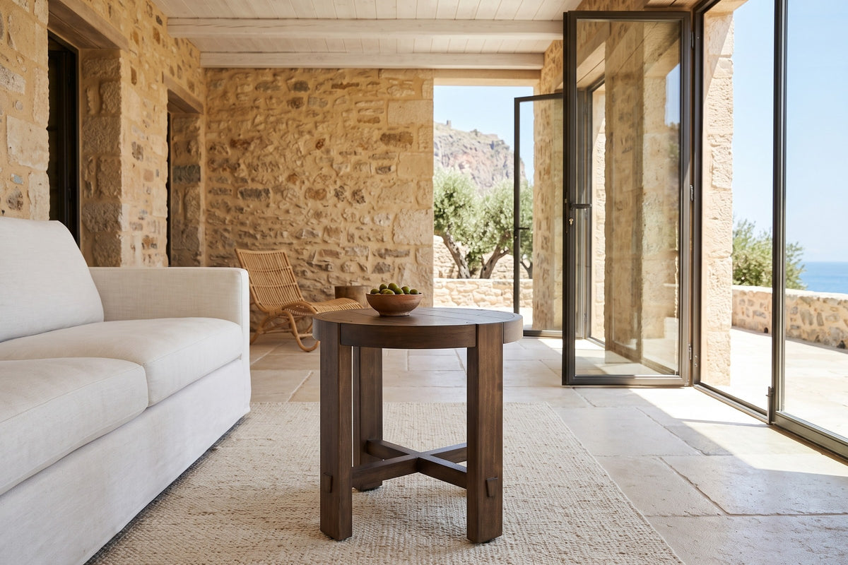 Mondavio side table in Smoked Acacia beside an ivory sofa in a Monemvasia stone house, with honey stone walls