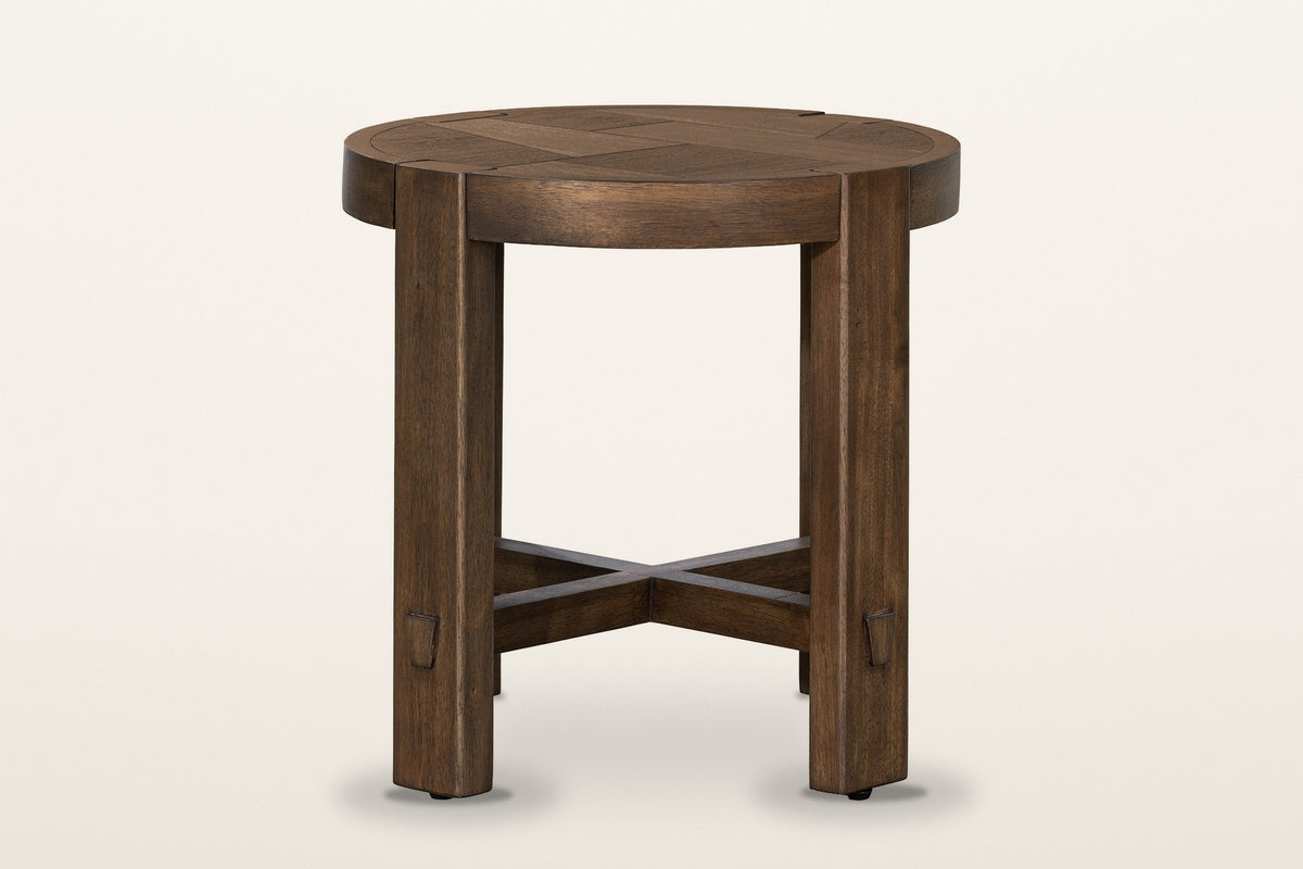 Mondavio side table in Smoked Acacia from the front, on a warm white studio backdrop: two flat legs