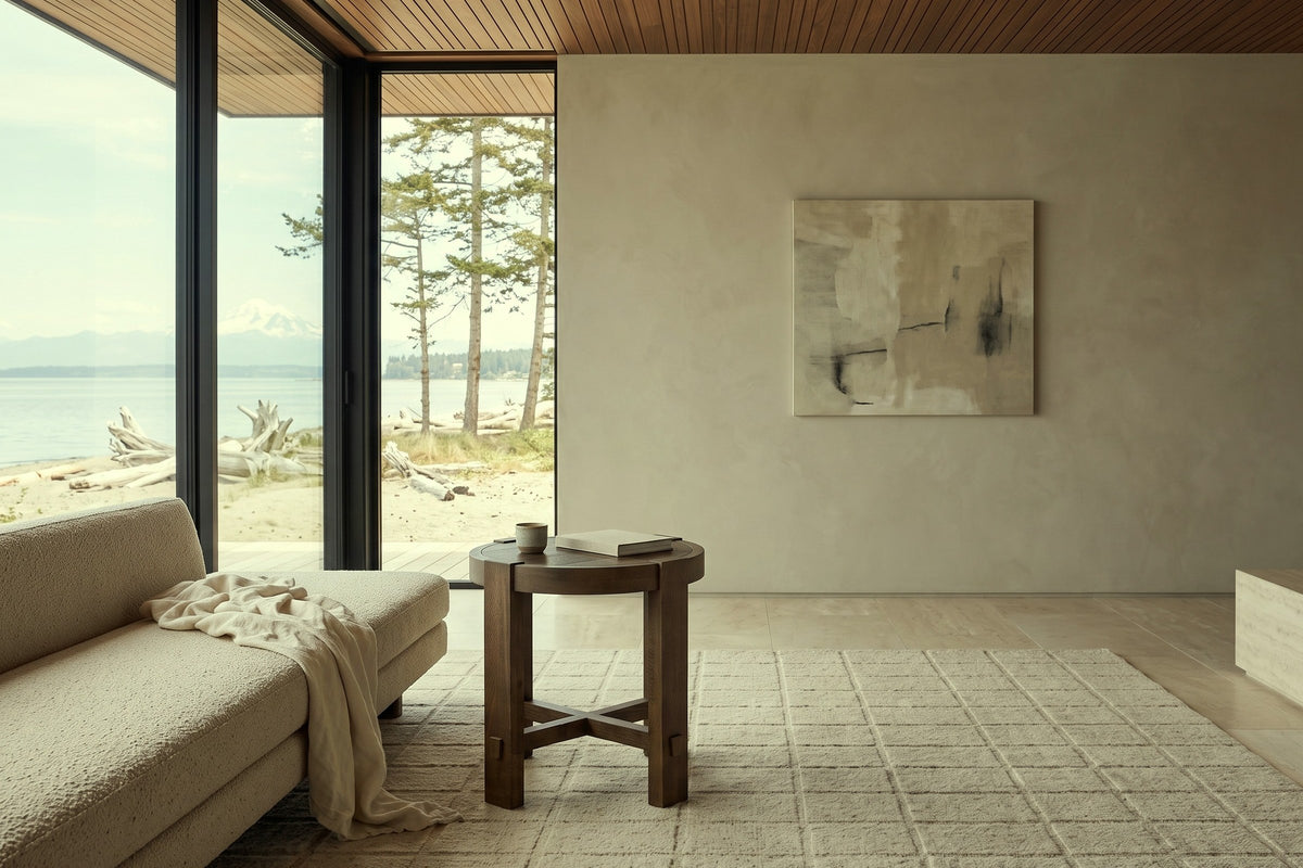 Mondavio side table in Smokey Chestnut beside a boucle sofa in a Crescent Beach house, with plaster walls
