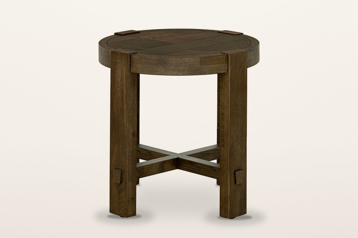 Mondavio side table in Smokey Chestnut from the front, on a warm white studio backdrop: two flat legs