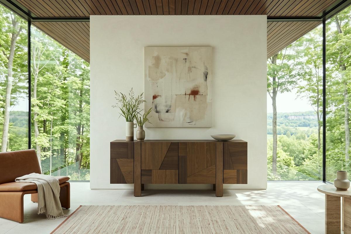 Mondavio sideboard in Smokey Chestnut against a white wall between two glass walls in a Beaver Valley house