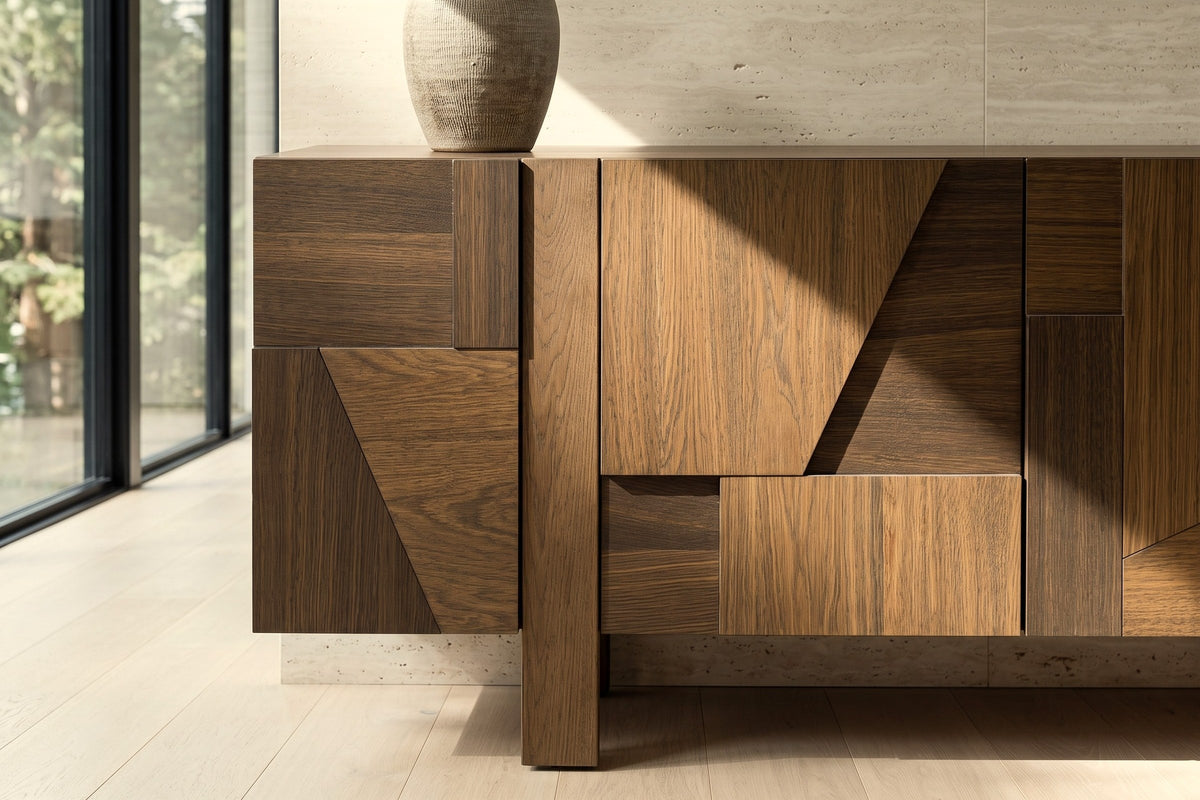 Close view of the Mondavio sideboard in Smokey Chestnut in the Halfmoon Bay house: the end door
