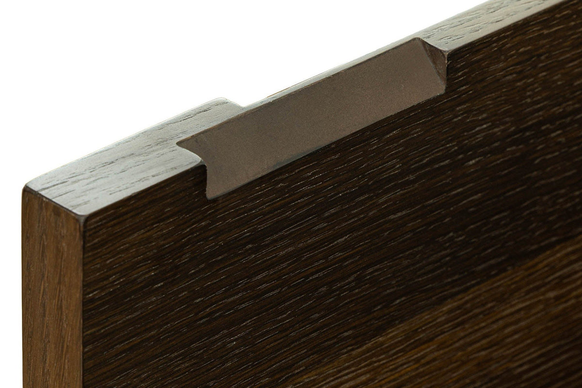 Close-up of the top edge of a Mondavio door in Smokey Chestnut, with a small finger pull set into it