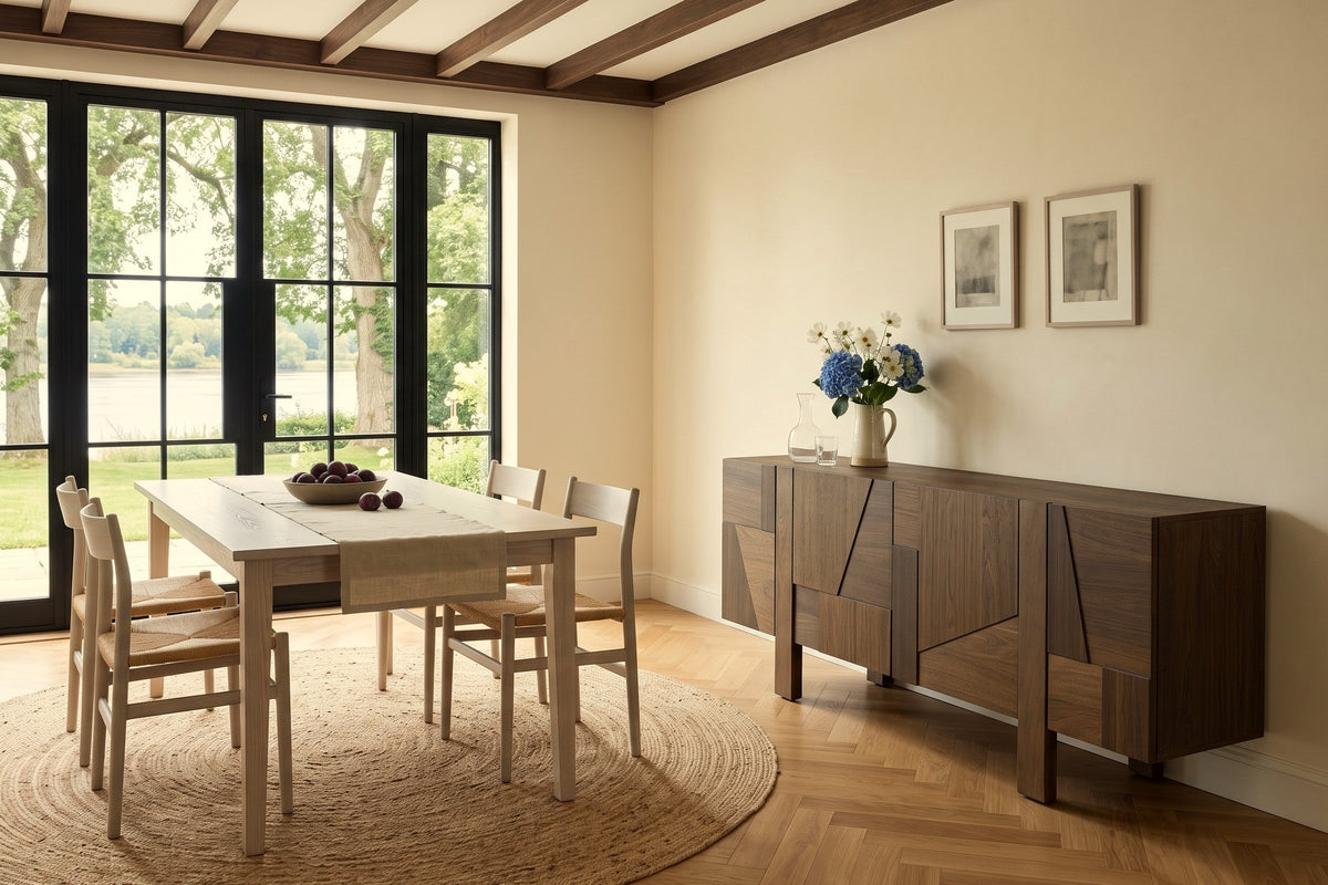 Mondavio sideboard in Smokey Chestnut in a Fredericton dining room with cream walls, dark beams, a herringbone oak floor