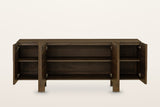 Mondavio sideboard in Smokey Chestnut with all four doors open on a warm white studio backdrop, showing the shelves inside