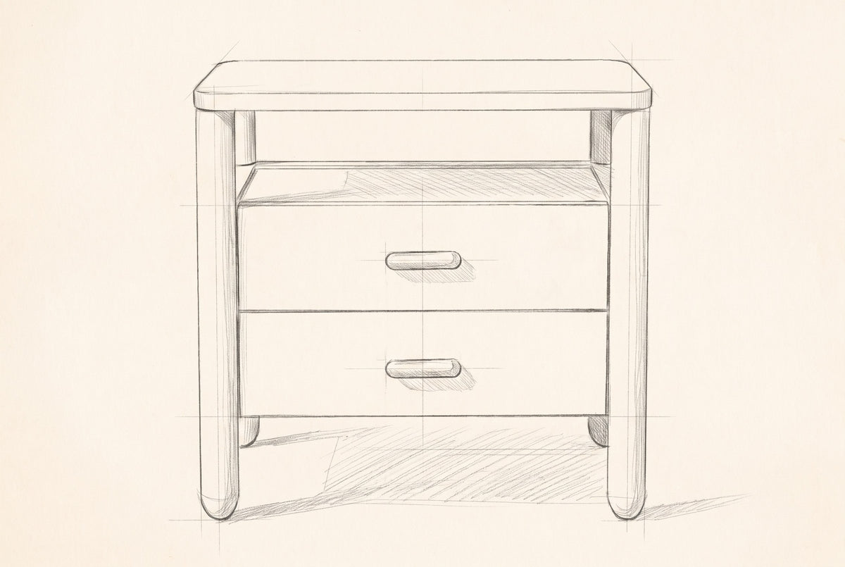 Pencil drawing of the Montagnana nightstand traced from the front view