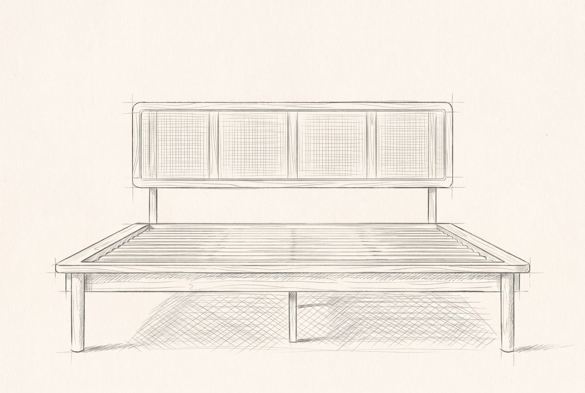 Pencil drawing of the Montalcino cane bed traced from the front view