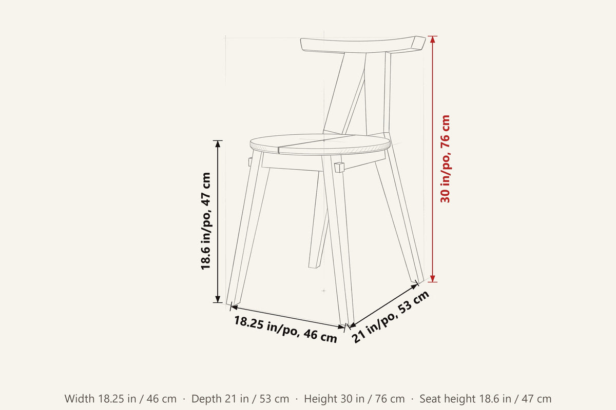 Montegiorgio dimensions on a pencil sketch of the chair: 30 in high, 18.25 in wide, 21 in deep, seat height 18.6 in