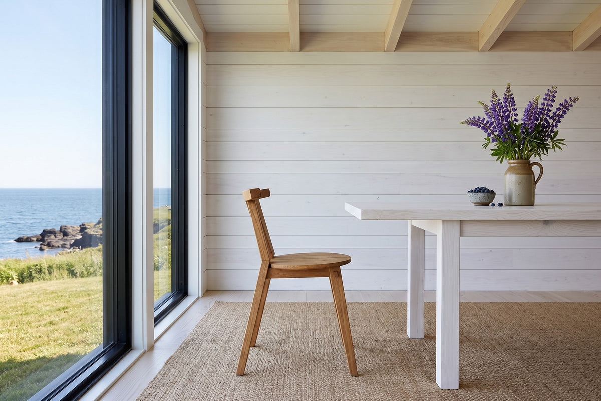 A Montegiorgio dining chair in side profile at a whitewashed pine table in a Trinity Bay house