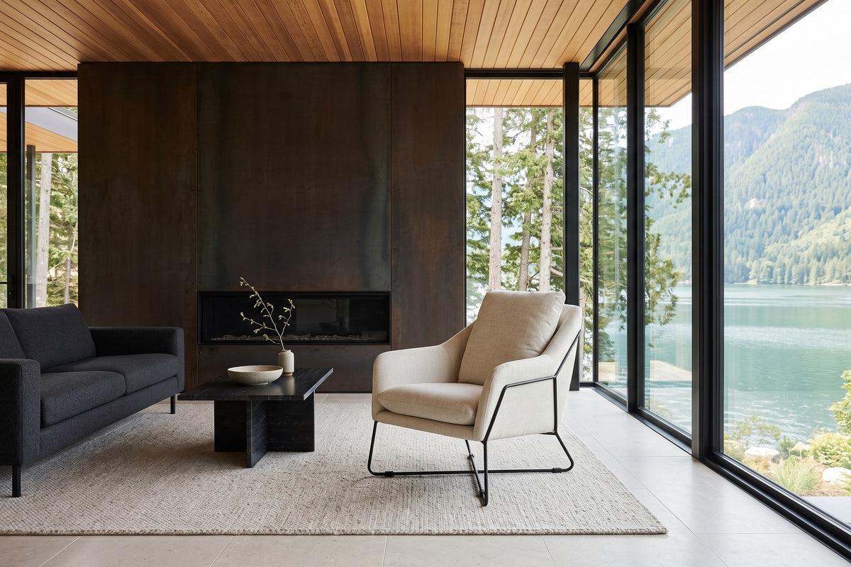 Montelupone accent chair in Taupe in a Port Alice inlet house on northern Vancouver Island