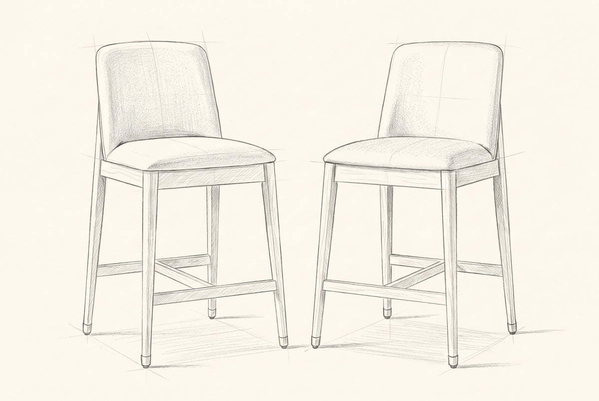 Pencil drawing of two Monteriggioni counter stools, front view