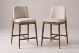 A pair of Monteriggioni counter stools in the walnut finish side by side: squared beige back pads, flat padded seats