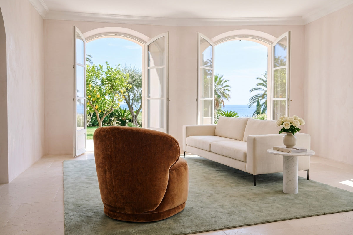 Monterubbiano accent chair in Bronze velvet seen from behind in a Menton garden villa on the Cote d'Azur