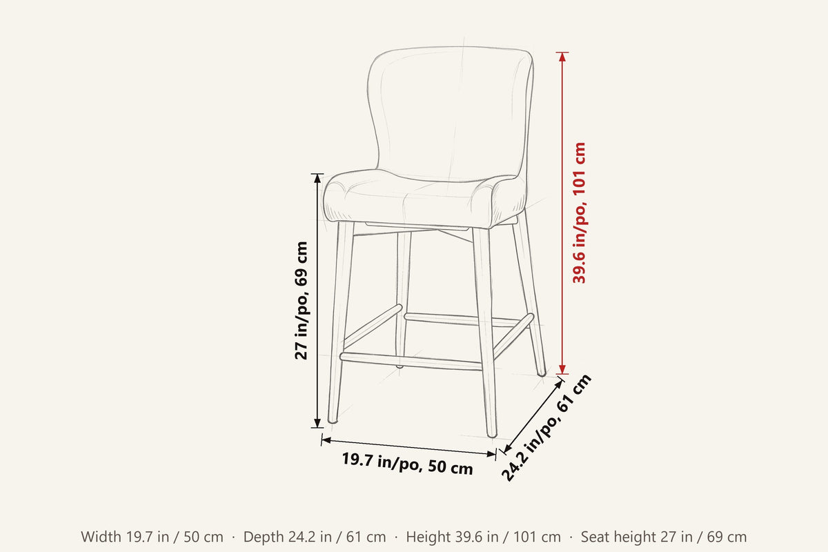 Morrovalle dimensions on a pencil sketch of the stool: 39.6 in high, 19.7 in wide, 24.2 in deep, seat height 27 in