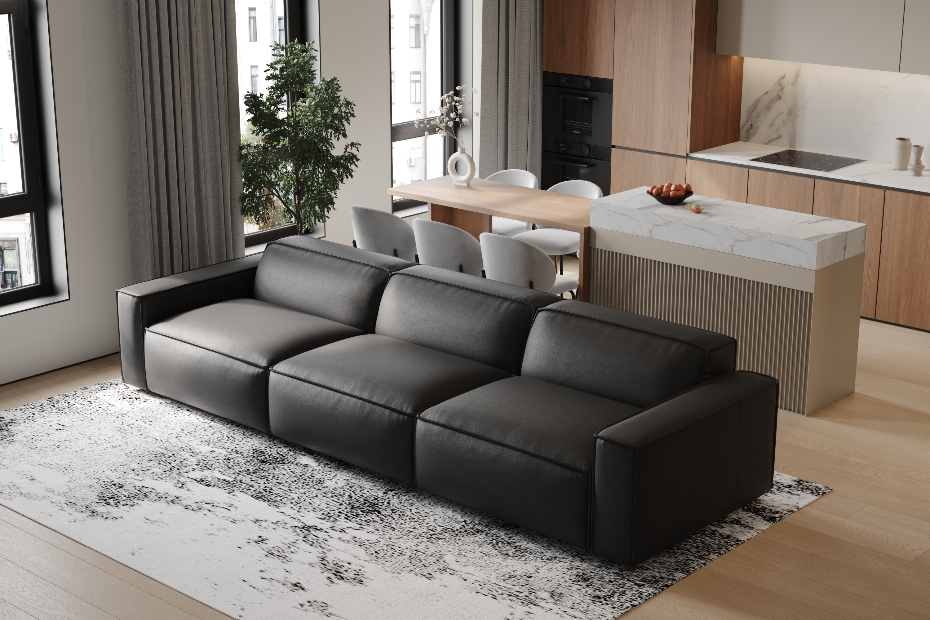 Valencia Nathan Full Aniline Leather Modular Sofa with Down Feather, Three Seats, Black Color