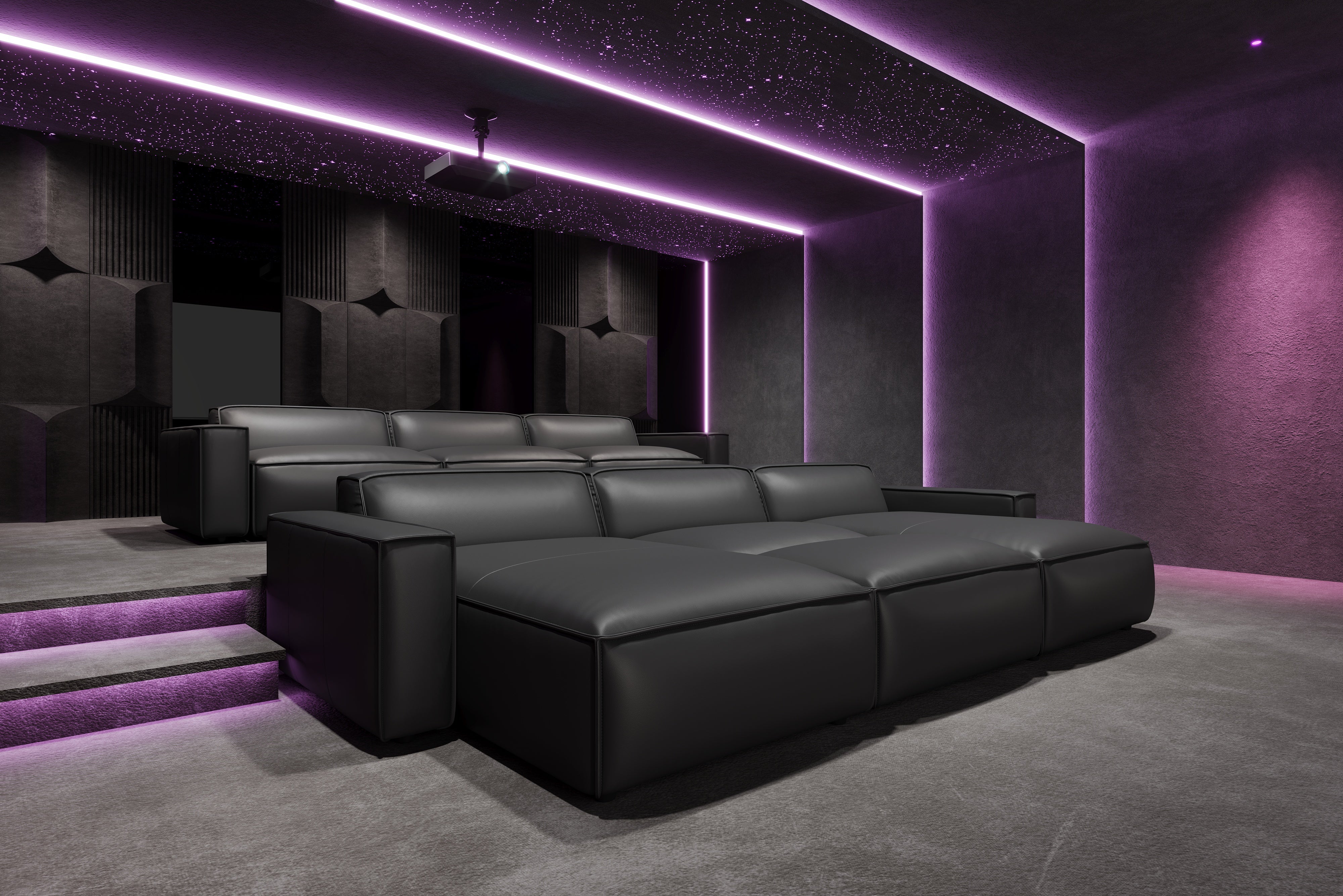 Valencia Nathan Full Aniline Leather Theater Lounge Modular Sofa with Down Feather, Three Seats, Black Color