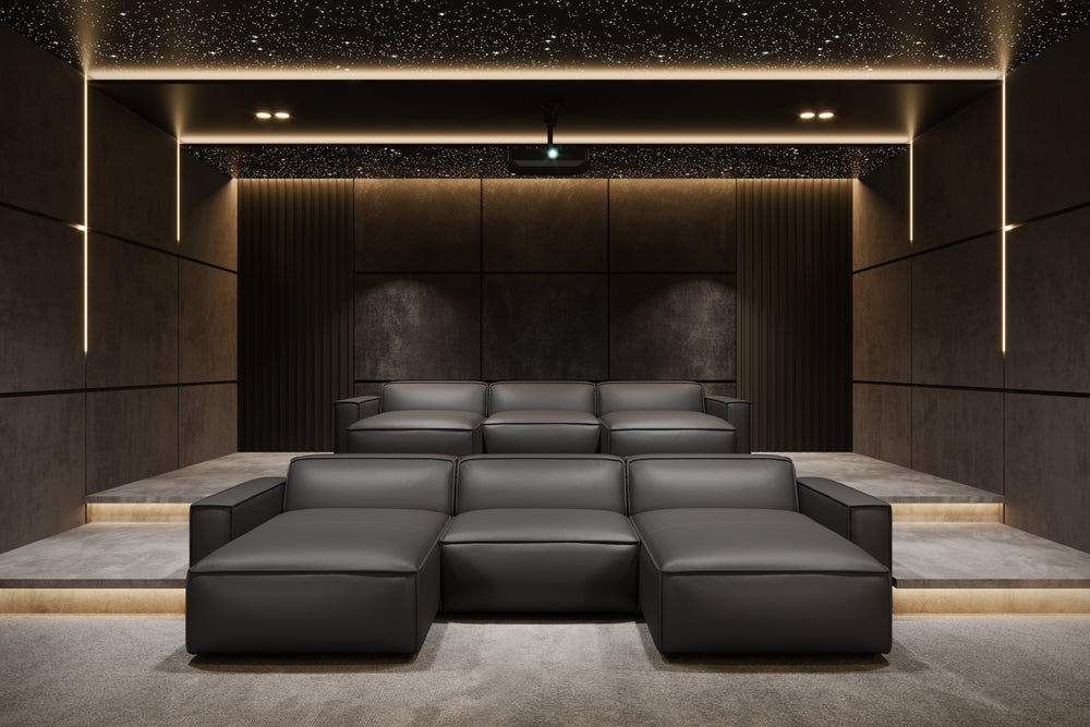 Valencia Nathan Full Aniline Leather Theater Lounge Modular Sofa with Down Feather, Trio Chaise, Black