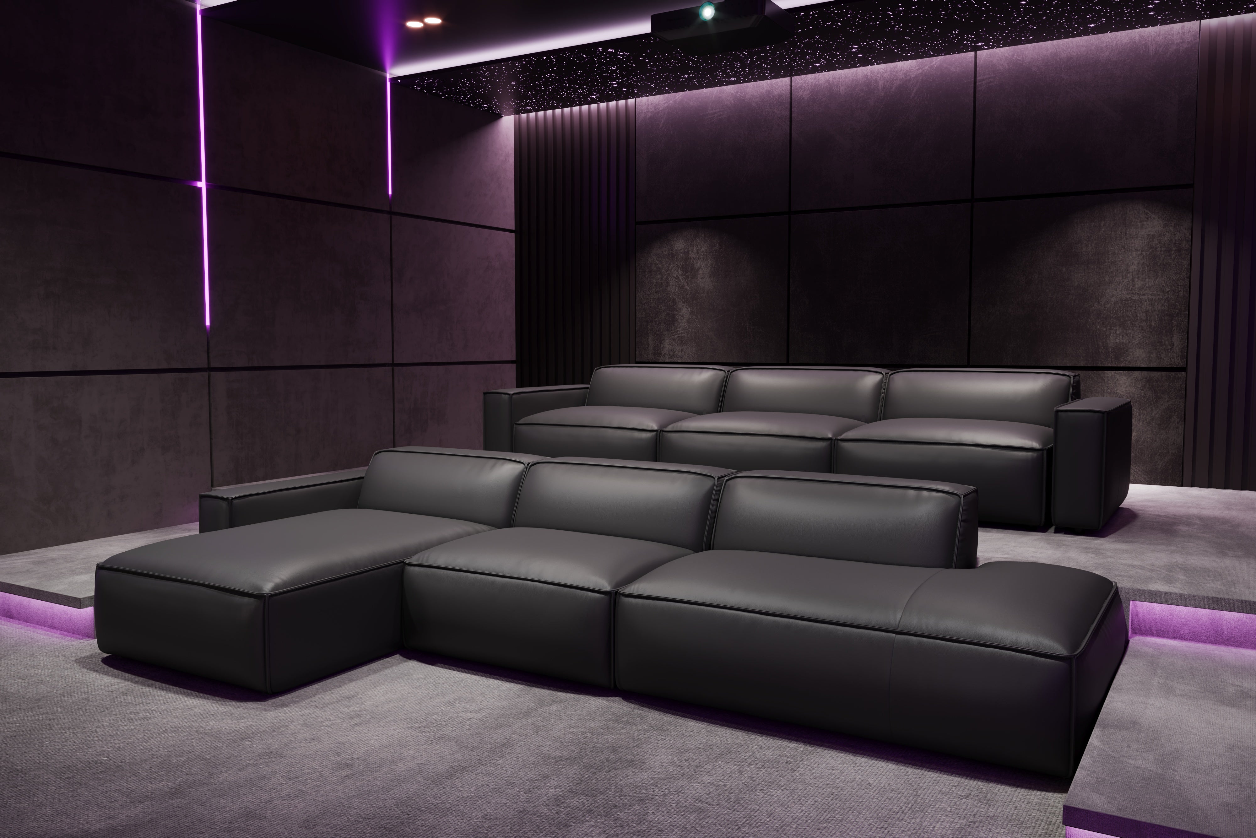 Valencia Nathan Full Aniline Leather Theater Lounge Modular Sofa with Down Feather, Bed Shape, Black Color