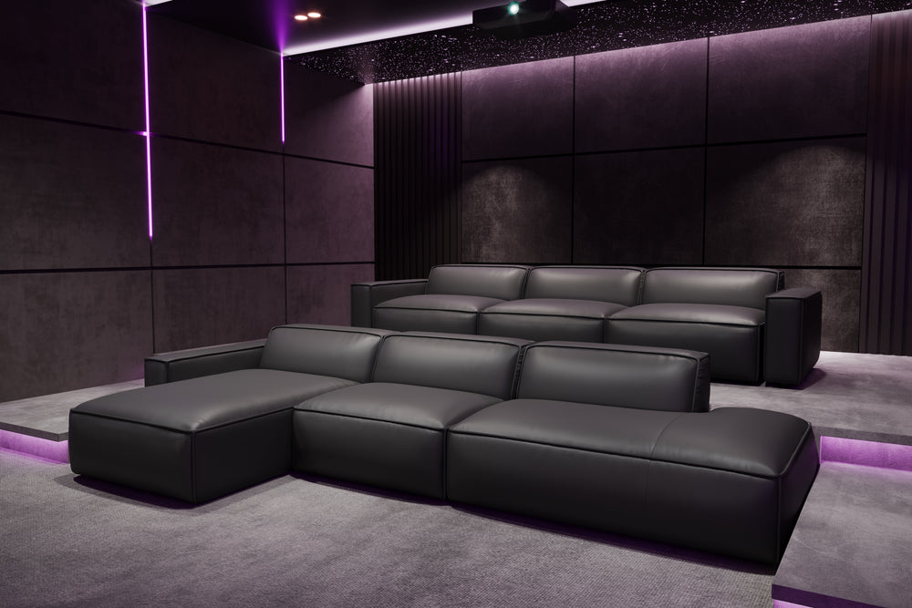 Valencia Nathan Full Aniline Leather Theater Lounge Modular Sofa with Down Feather, L-Shape, Black Color