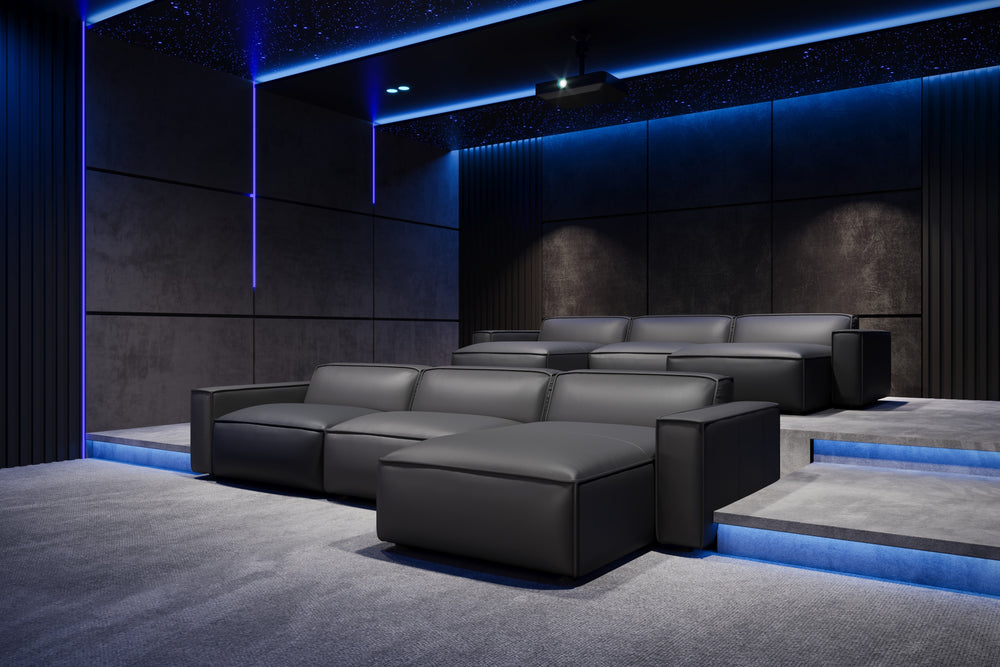 Valencia Nathan Full Aniline Leather Theater Lounge Modular Sofa with Down Feather, Three Seats, Black Color