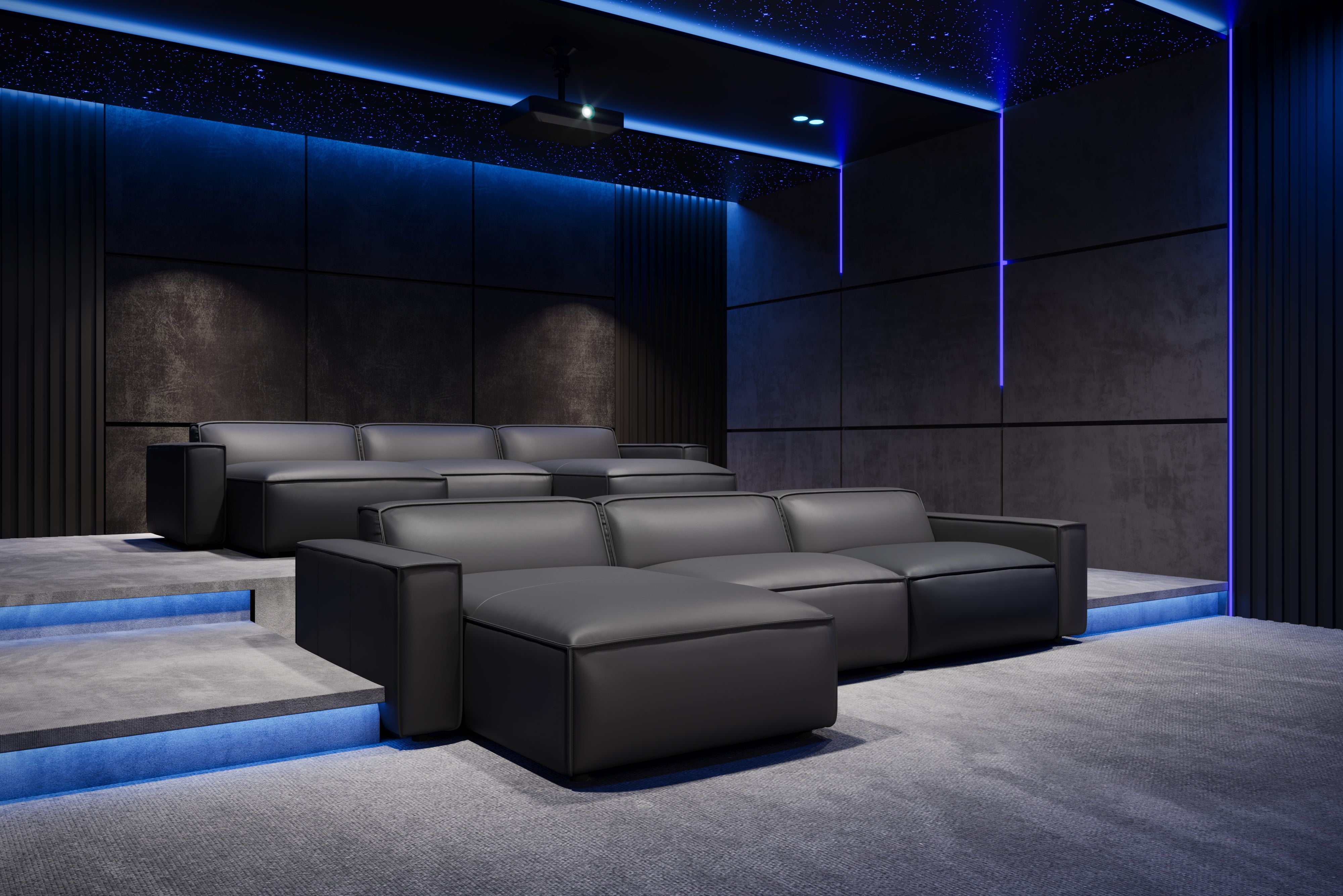 Valencia Nathan Full Aniline Leather Theater Lounge Modular Sofa with Down Feather, Bed Shape, Black Color