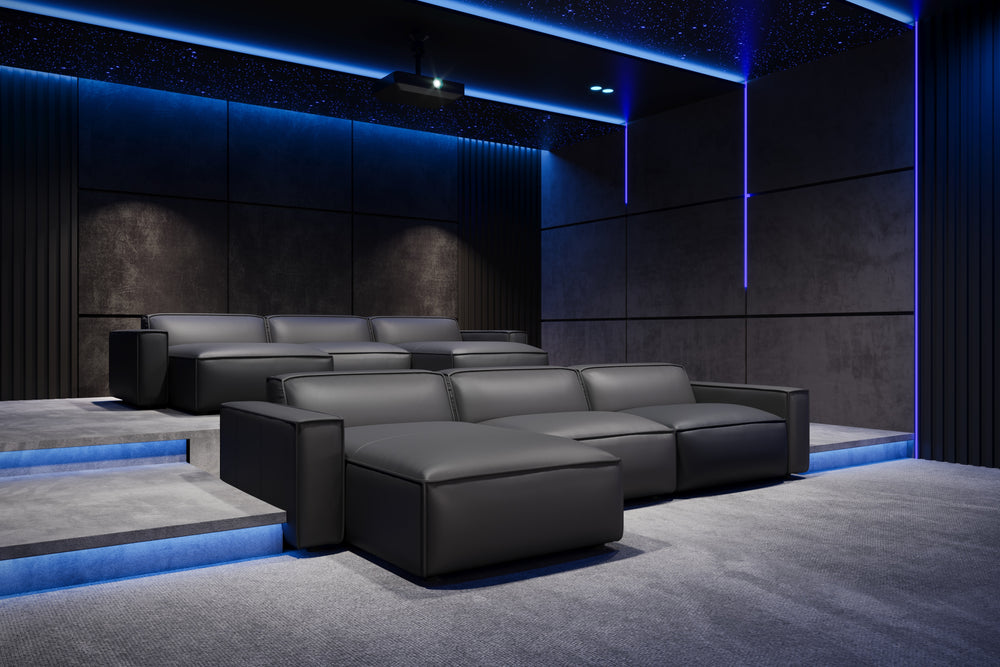 Valencia Nathan Full Aniline Leather Theater Lounge Modular Sofa with Down Feather, Right Chaise, Black Color