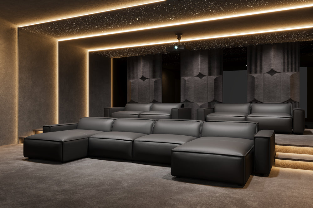 Valencia Nathan Full Aniline Leather Theater Lounge Modular Sofa with Down Feather, Bed Shape, Black Color