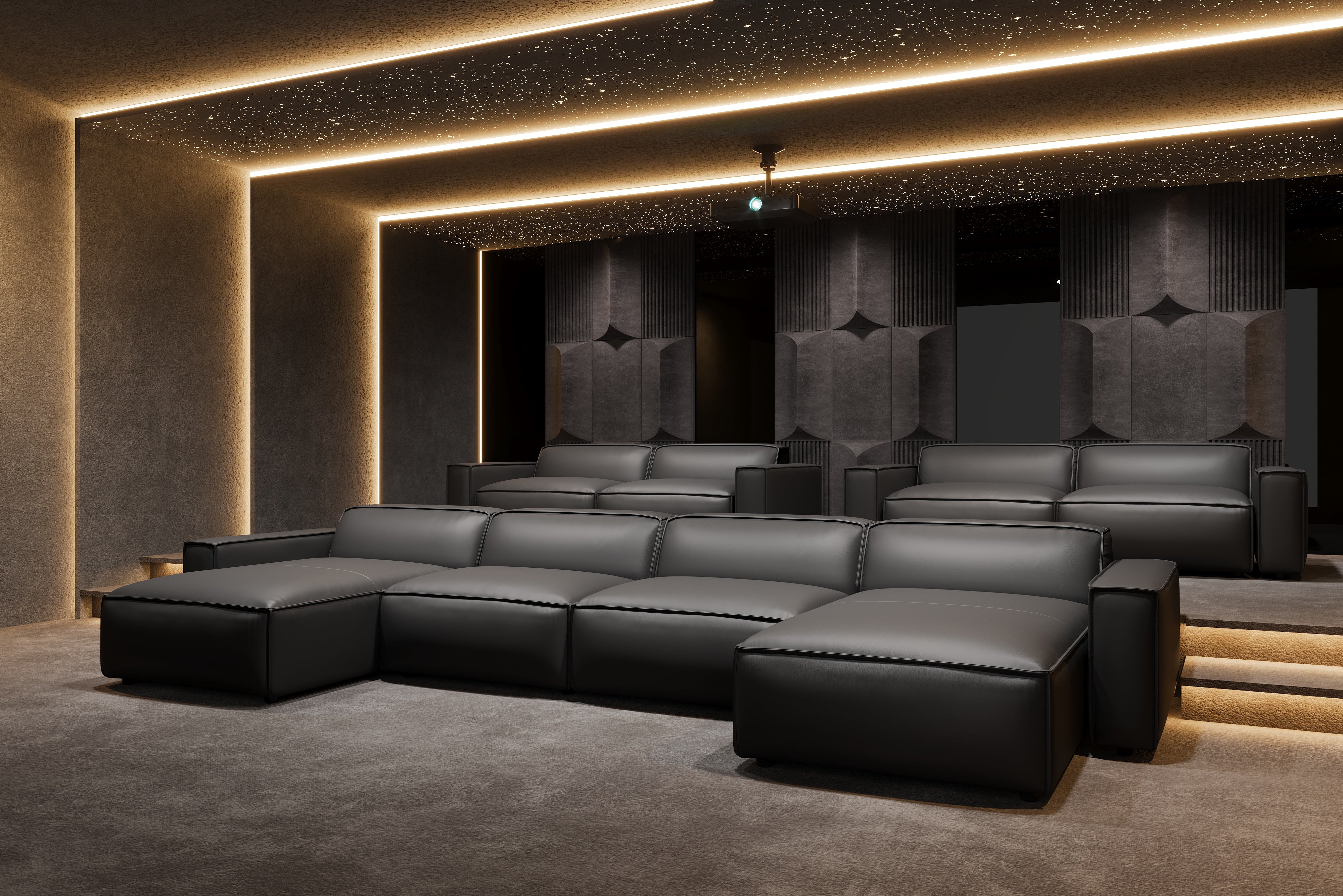 Valencia Nathan Full Aniline Leather Theater Lounge Modular Sofa with Down Feather, Three Seats, Black Color