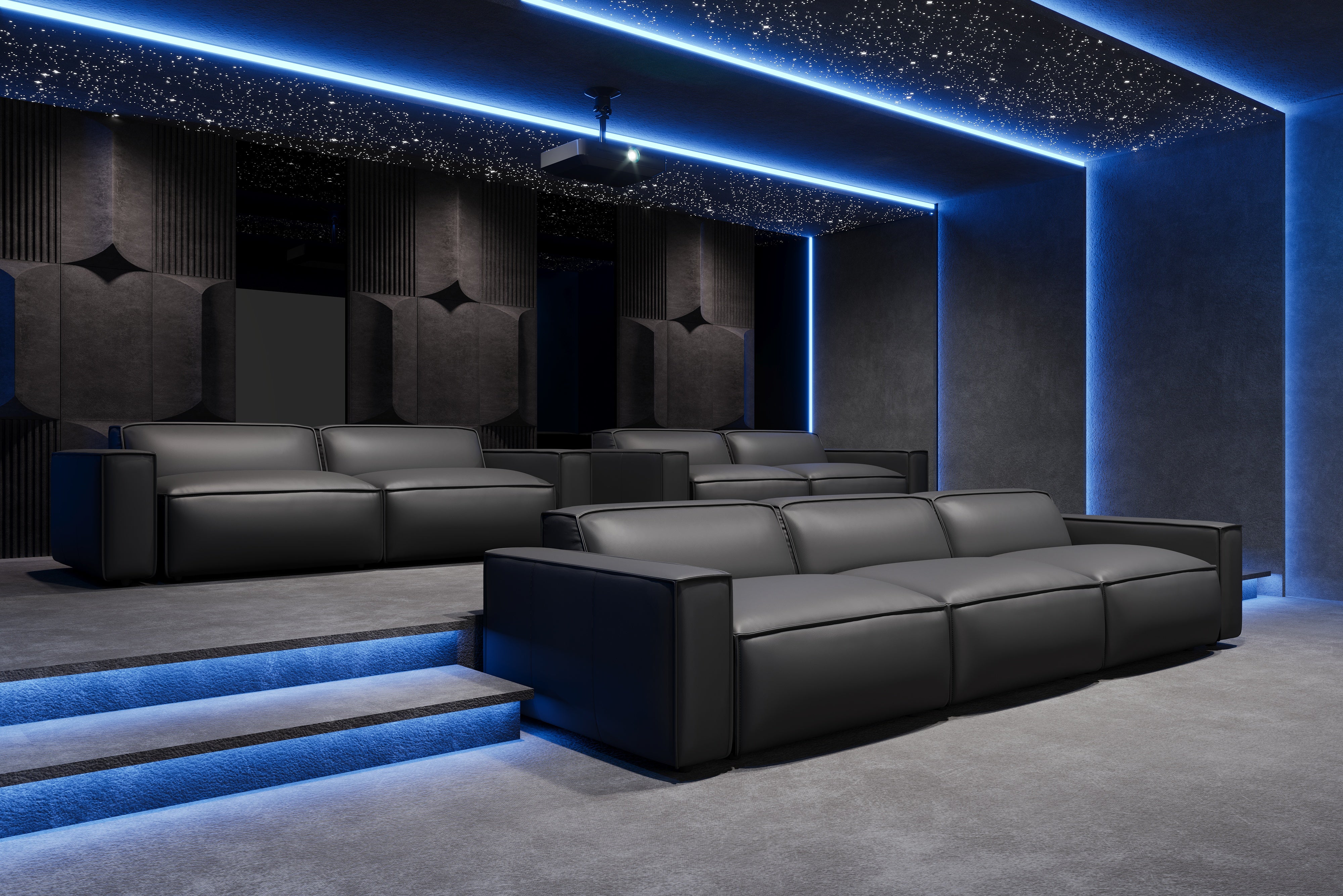 Valencia Nathan Full Aniline Leather Theater Lounge Modular Sofa with Down Feather, Three Seats, Black Color