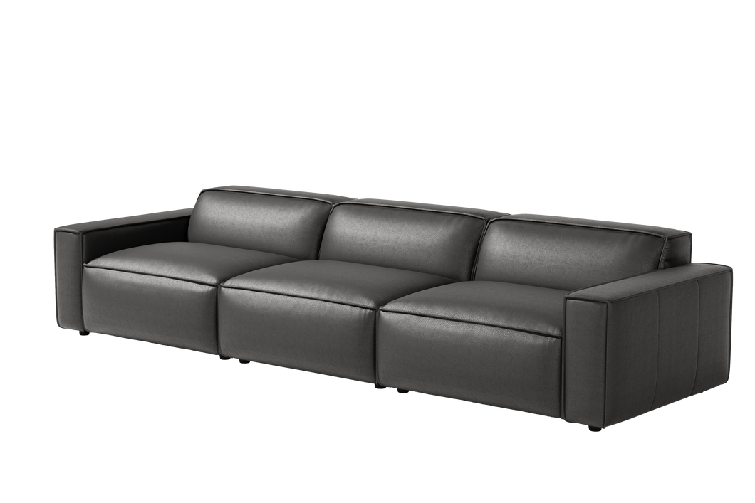 Valencia Nathan Full Aniline Leather Modular Sofa with Down Feather, Three Seats, Black Color