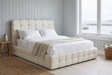 Nemi bed in a pale plank-walled Halifax bedroom with a window onto the harbour
