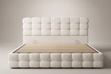 Nemi bed in cream white bouclé, straight front view: a headboard of three rows of seven blocks over a plain band