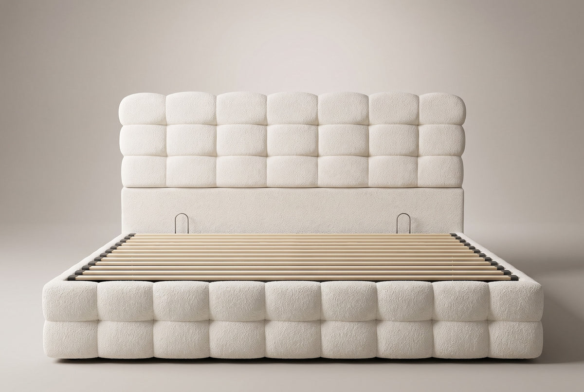 Nemi bed in cream white bouclé, straight front view: a headboard of three rows of seven blocks over a plain band