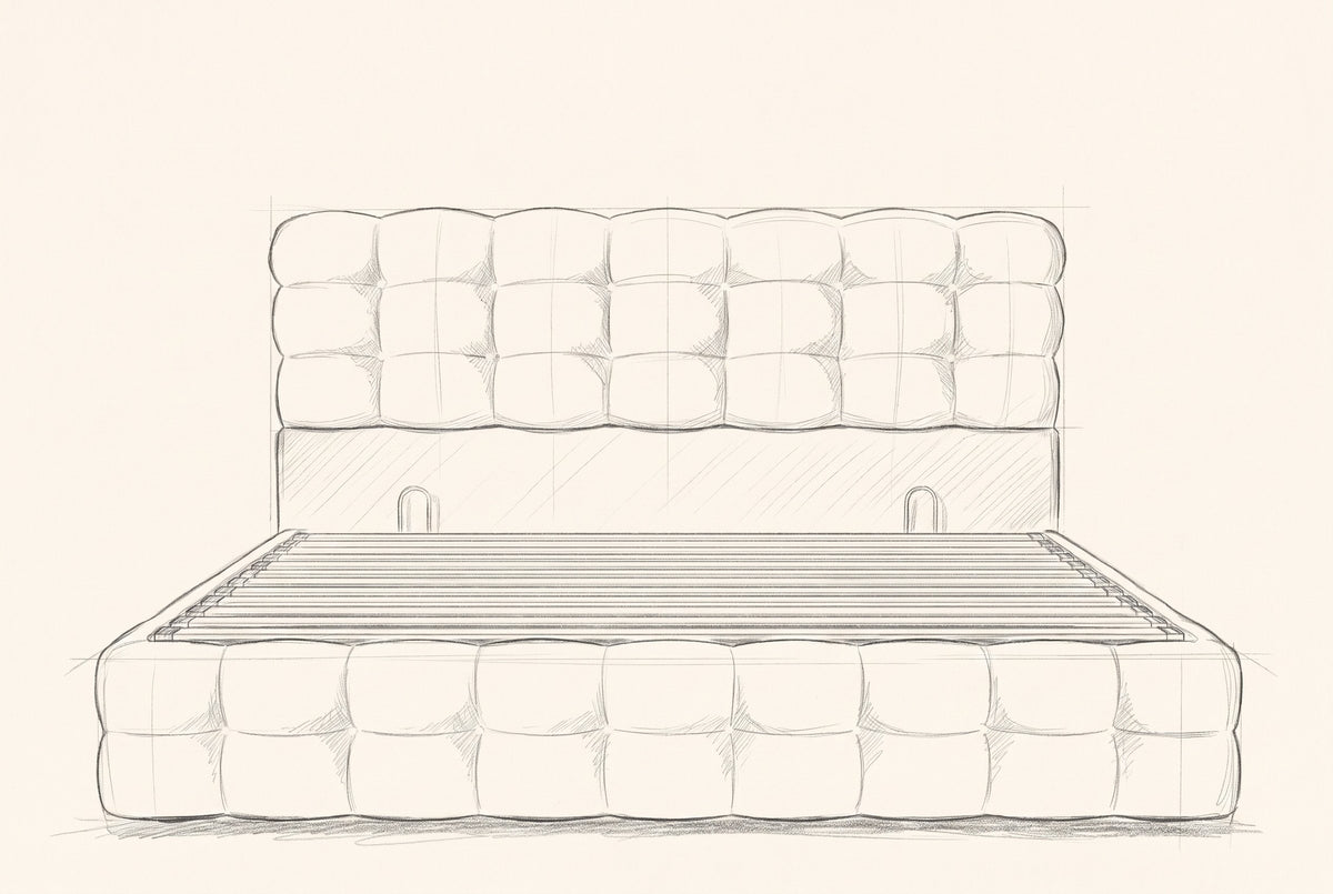 Pencil drawing of the Nemi storage bed traced from the front view
