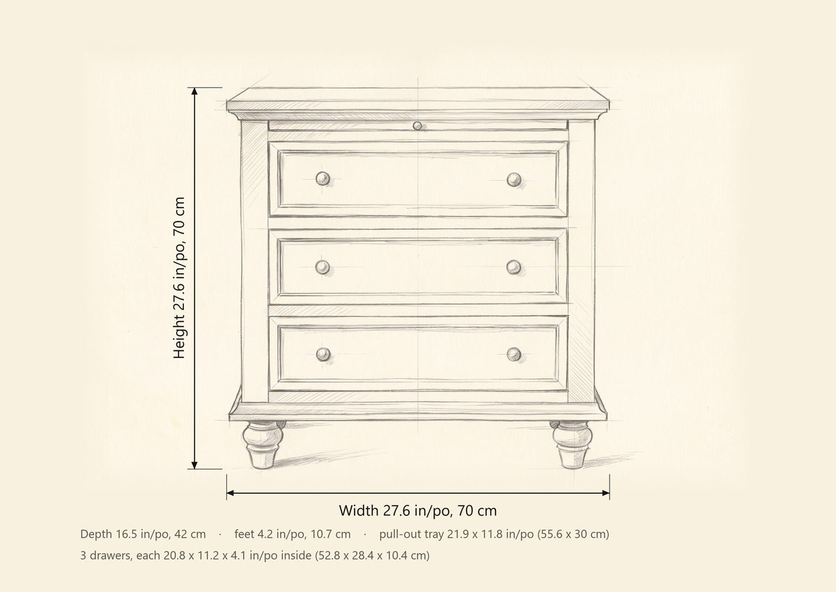 Nervi nightstand dimensions: 27.6 in wide, 27.6 in high, 16.5 in deep, 3 drawers each 20.8 x 11.2 x 4.1 in inside