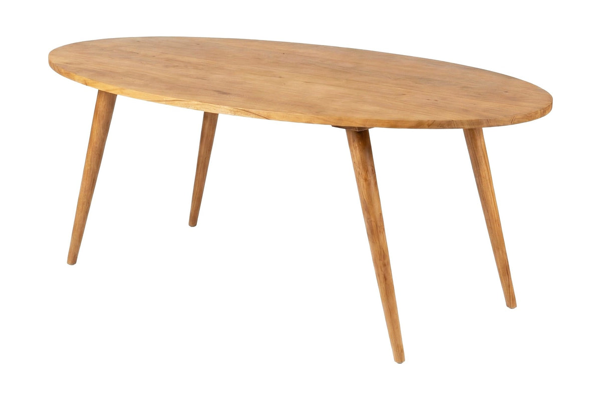 Nolan solid acacia oval dining table in honey with splayed tapered legs, three-quarter view
