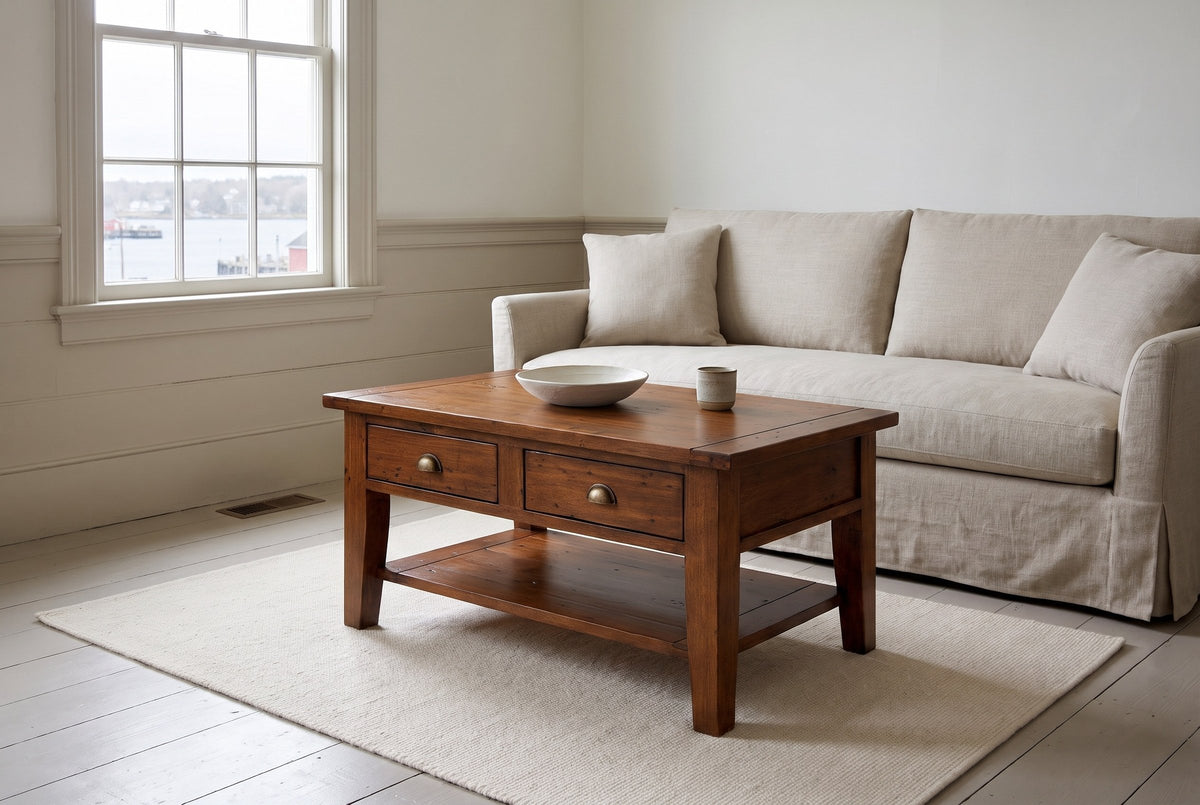 Novella coffee table in African Dusk in front of an oatmeal linen sofa in a Lunenburg house living room, the harbour through the window