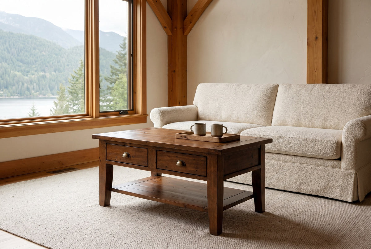 Novella coffee table in African Dusk in front of a cream boucle sofa in a Nelson timber-frame living room, mountains through the window