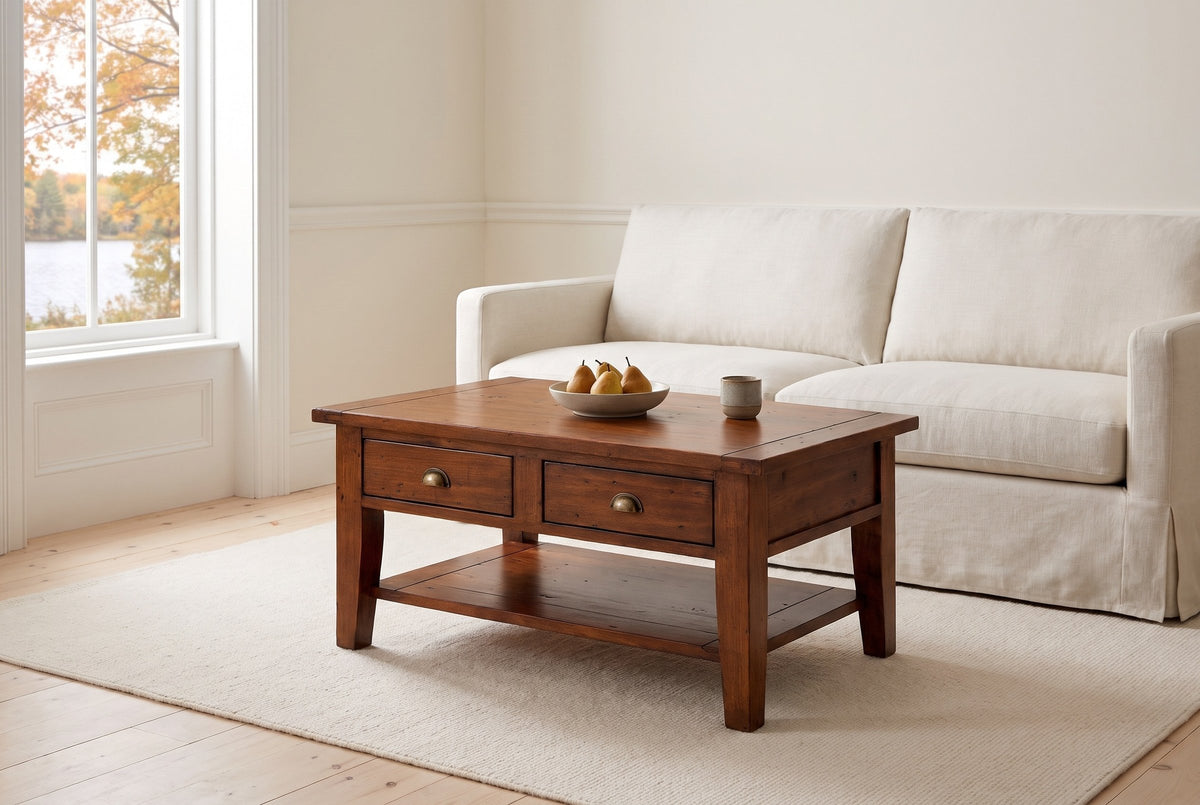 Novella coffee table in African Dusk in front of a white linen sofa in a North Hatley sitting room, autumn maples through the window