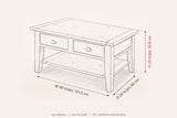 Novella coffee table dimensions: 40 in wide, 26 in deep, 20 in high