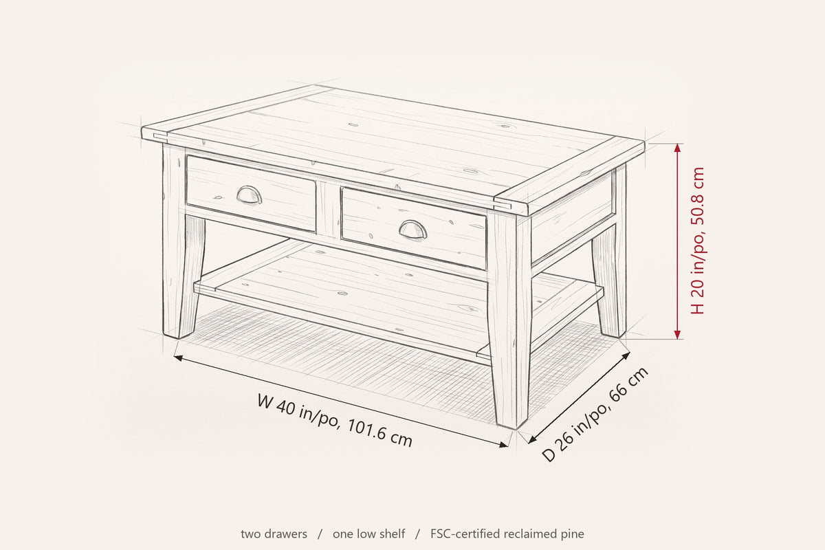 Novella coffee table dimensions: 40 in wide, 26 in deep, 20 in high