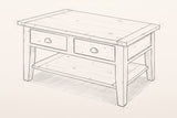 Pencil sketch of the Novella coffee table, three-quarter view from above