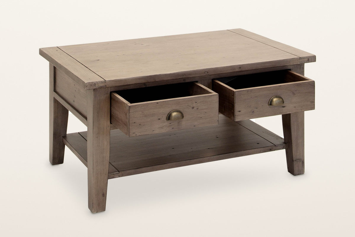 Novella coffee table in Sundried with both drawers pulled out, three-quarter view