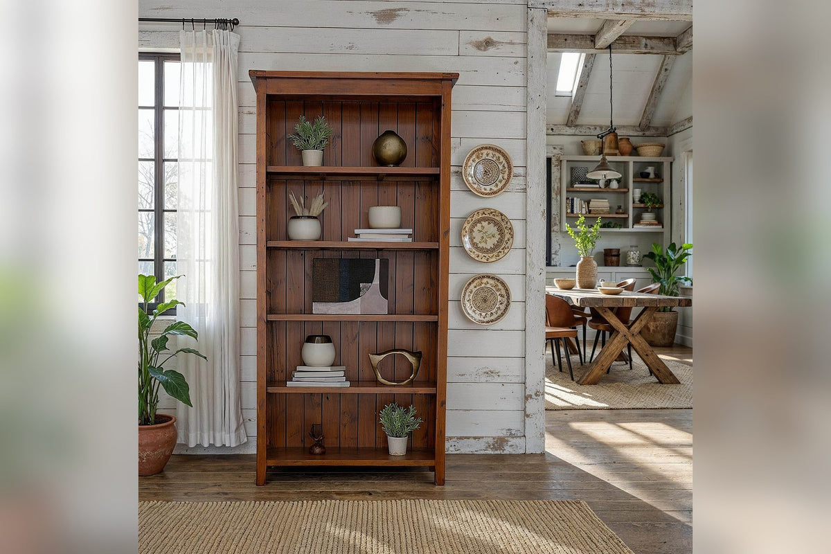 Novella bookcase styled with books and pottery against a whitewashed plank wall