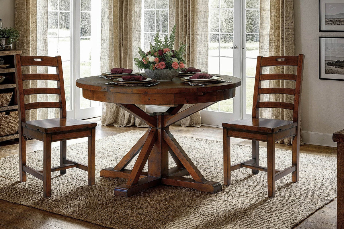 Two Novella dining chairs at a round pedestal table in a sunlit dining room