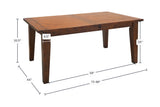 Novella extendable dining table dimensions: 72 to 96 in long, 44 in deep, 30.5 in high