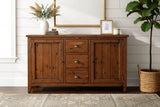 Novella sideboard under an arched mirror against a white plank wall